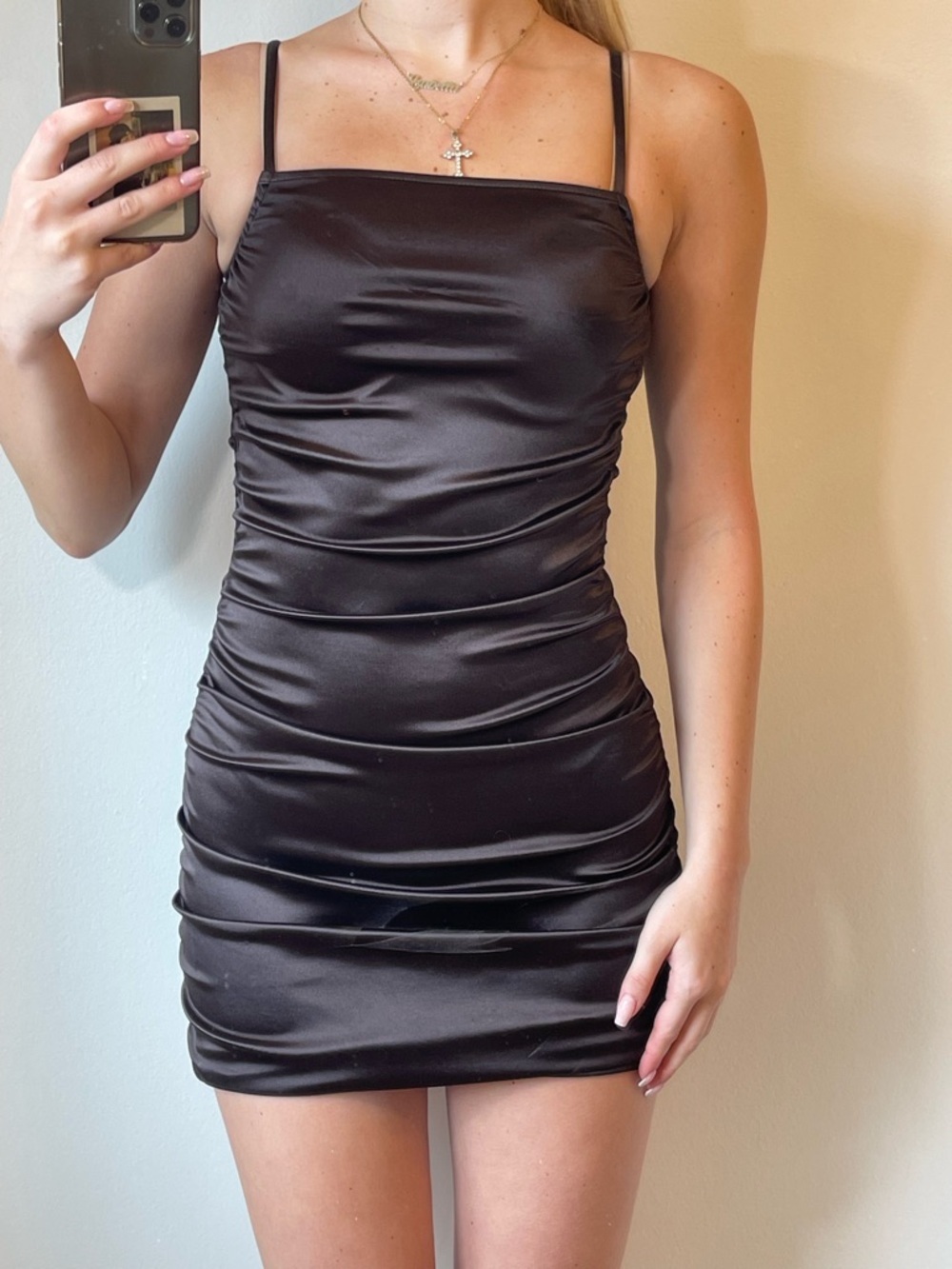 Satin Ruched Bodycon Mini Dress - Black